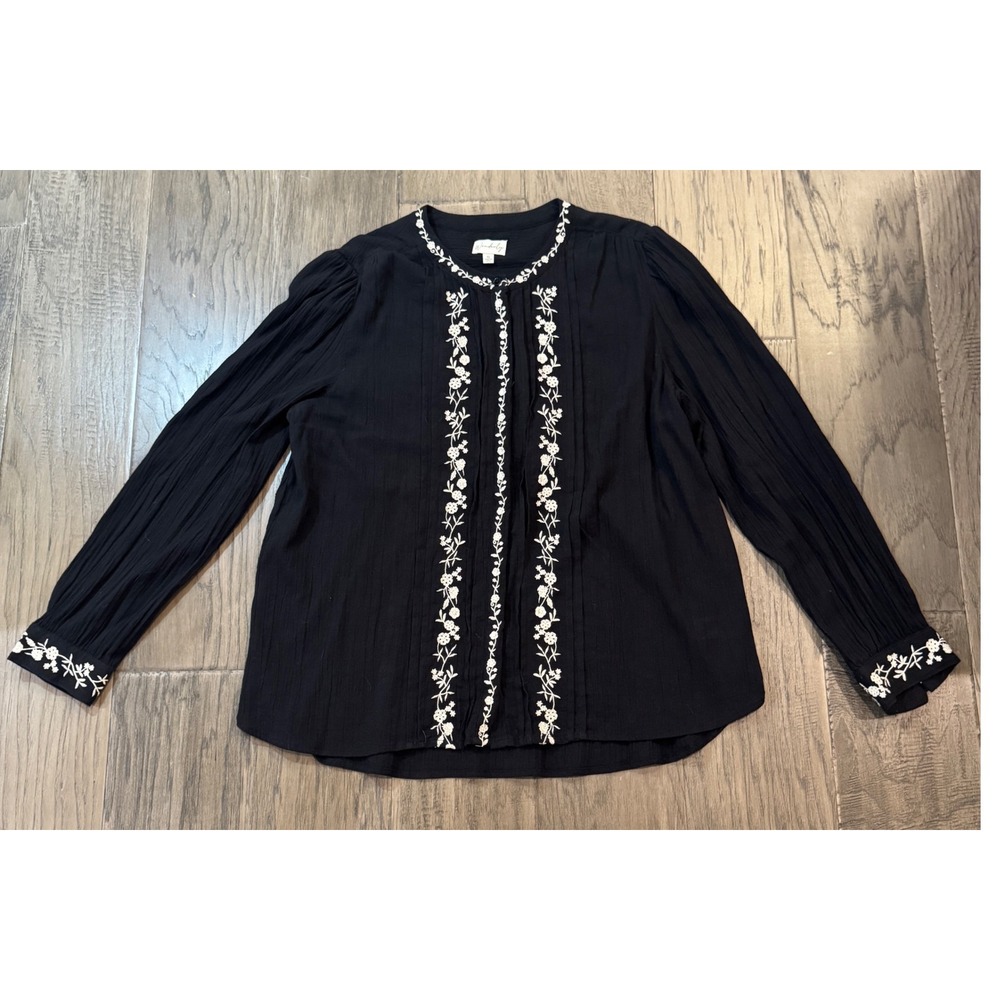 Wonderly Womens XL‎ Black Floral Embroidered Long Sleeve Blouse Top Boho